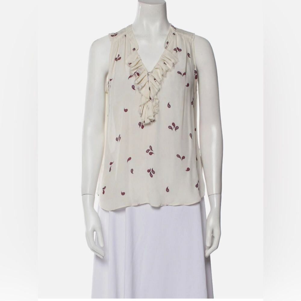 L’AGENCE IVORY 100% SILK PRINTED RUFFLE V NECK BLOUSE SIZE S/P